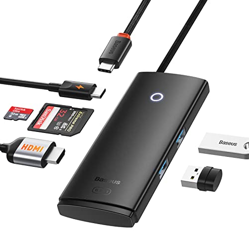 Hub USB C Adaptador Multiportos, Baseus 6 em 1 Hub USB para Laptop com 4K HDMI, 100W PD, 2 compartimentos USB 3.0, compartimentos para cartão SD/TF, base USB C fina para MacBook Pro,