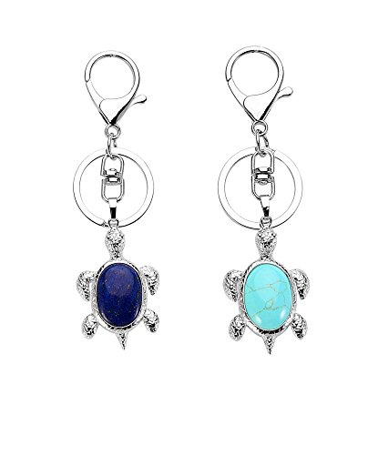 QGEM Mignon Porte Clefs Trousseau Keychain Voiture de Pendentif Tortue en Énergie Pierre Naturelle Idéal pour Amoureux Famille Amis(lasurite+Turquoise Verte)