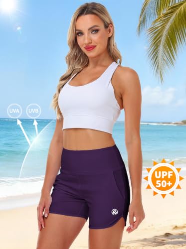 Image of AOBUTE Womens High Waisted Swim Board Shorts UPF 50+ Quick Dry Swim Trunks with Pockets