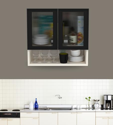 Image of SPECIALITY PANELS Aluminium Black Profile 2 Fluted Tinted Glass Handless Shutter Wall Cabinet with Space Organizer Wall Mounted Kitchen Storage Cupboard Modern Kitchen Furniture Unit (Slate Grey)