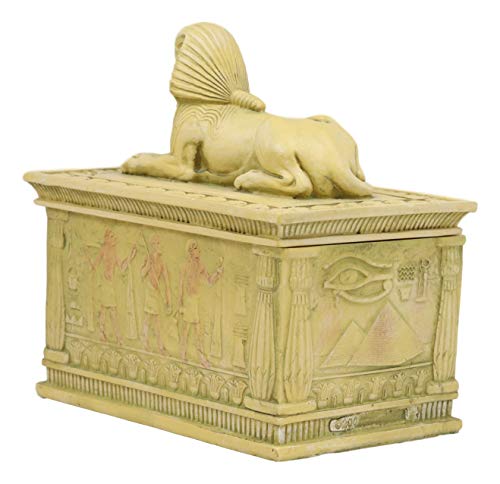 Ebros Egyptian Guardian Sphinx Decorative Rectangular Box In Sandstone Finish 4.25" Long Classical Egypt Monument Androsphinx With Hieroglyphic Deities Jewelry Trinket Box Sculpture #TOP3