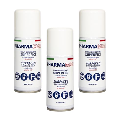 Pharmamani KIT 3 PEZZI SPRAY IGIENIZZANTE SUPERFICI da 100 ml. 100% Alcool, Efficacia immediata, Igienizza le Superfici al Contatto, Asciuga rapidamente. Tascabile, Profumo gradevole.