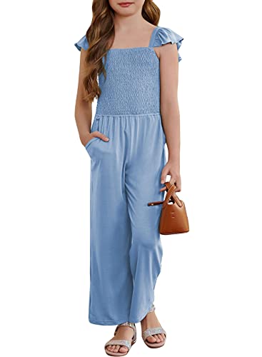 Blibean Girl Summer Romper Tween Kid Short Sleeve Jumpsuit Sleeveless Outfit Solid Overalls Jumpers Straps Clothes Size 8-9 Years Large Blue #TOP20