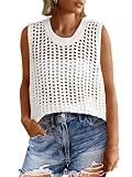 Fisoew Womens Summer Crochet Tank Tops Sleeveless Scoop Neck Loose Knit Sweater Vest Boho Hollow Out Beach Cover Ups White