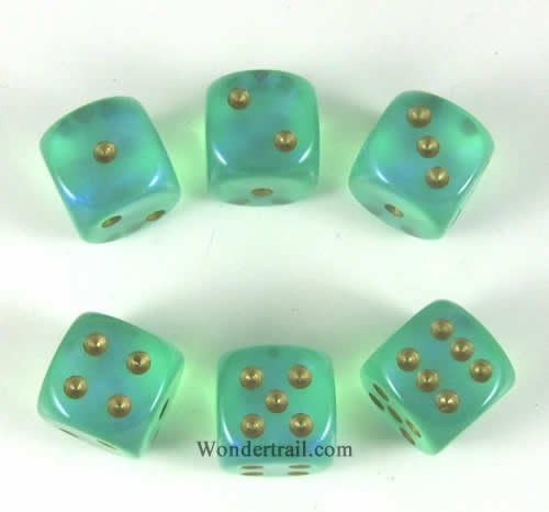 Wondertrail Light Green Borealis with Gold Pips 16mm D6 Dice Set of 6 WCX27625E6