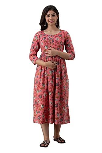 Image of Women's Rayon Printed Maternity Dress Pregnancy Casual 3 /4 Sleeve Dual Zipped for Feeding Nursing Maternity Comfort Dress Kurta