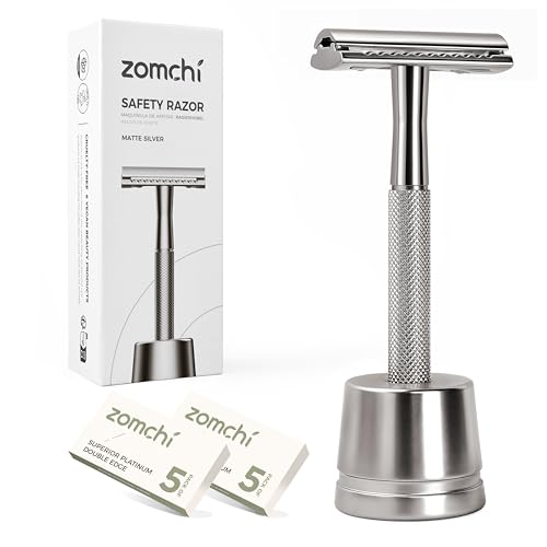 ZOMCHI Double Edge Safety Razor Kit for Men &amp; Women, Stand, Matte Silver