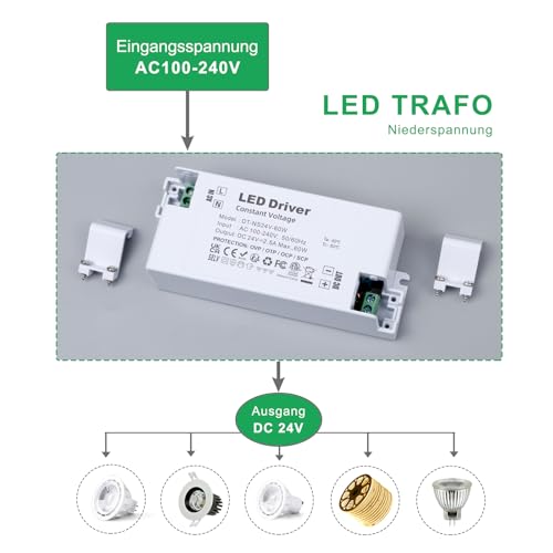 REYLAX LED Trafo 24V 60W, LED Treiber Netzteil 2.5A Trafo 230V auf 24V, Transformator 230V 24V LED, AC zu DC Schalt Niedervolttrafo, Konstantspannungs Driver für Led Lampen, Nicht Dimmbar