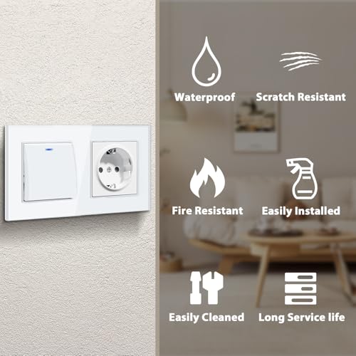BSEED Lichtschalter mit Steckdose 1 Fach 1 Weg, Lichtschalter Glas Schuko Steckdose Unterputz mit Steckklemme, Taster Schalter Unterputz mit LED Kontrollleuchte, Wei&szlig;