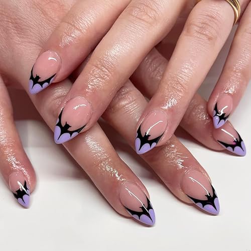 24Pcs Halloween Press on Nails Short Almond Fake Nails with Black Bat Designs Purple French Tip Acrylic Nails Kit Halloween False Nail Full Cover Glue on Nail for Women DIY Manicure
