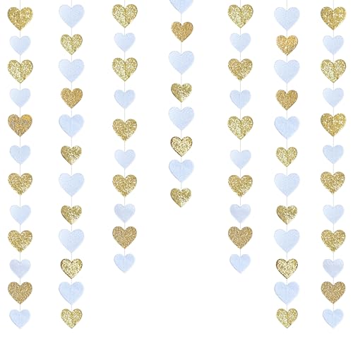 Image of Gold and White Heart Decorations Double Sided Sequin 3D Heart Hanging Wall Art Ornament Garland for Nursery Classroom Bedroom Valentines Day Holiday Christmas Weeding Anniversary Home Wall Decor