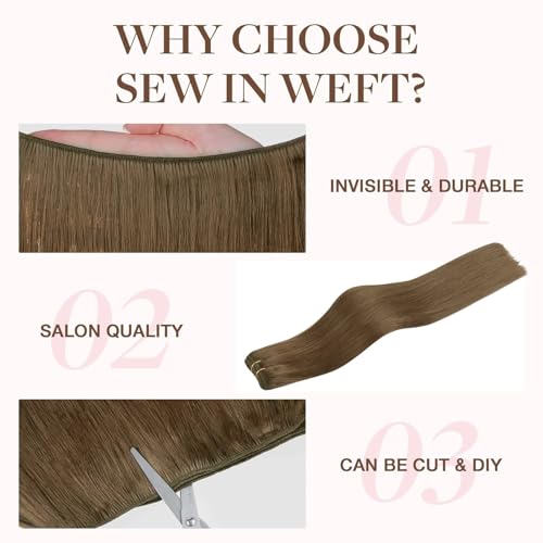 Image of GOO GOO Sew in Hair Extensions Real Human Hair, Weft Hair Extensions Human Hair, 5 Light Ash Brown 24inch 120g, Weft Bundles Straight Silky Remy Hair
