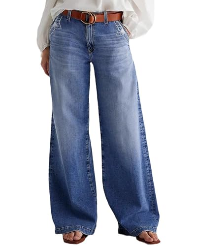 Women's High Waisted Baggy Jeans Embroidery Stretchy Wide Leg Casual Denim Sweatpant
