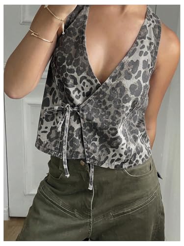 MakeMeChic Women's Cheetah Print Denim Top Wrap Tie Front Sleeveless Summer Y2K Tank Crop Tops2