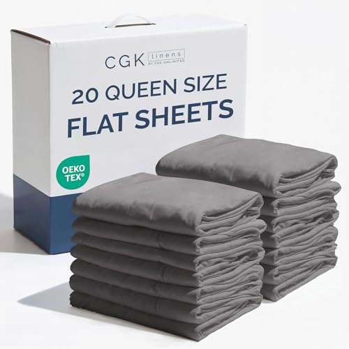 Bulk Case Pack of 20 Flat Sheets - (20) Queen Size Hotel Quality Top Flat Bed Sheets Only - Wholesale Bulk Bedding for Hotels, Spas & Airbnbs - Breathable, Cooling & Wrinkle Free - (Queen, D