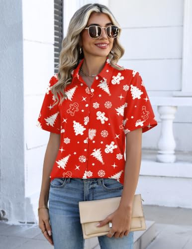 Image of Womens Christmas Tops Button Down Shirts Short Sleeve Oversized Blouses