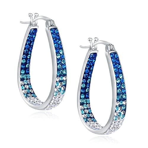 Crystal Hoop Earrings For Women Rhodium Plated Oval Inside Out Earring Party Jewelry Gift (Blue)