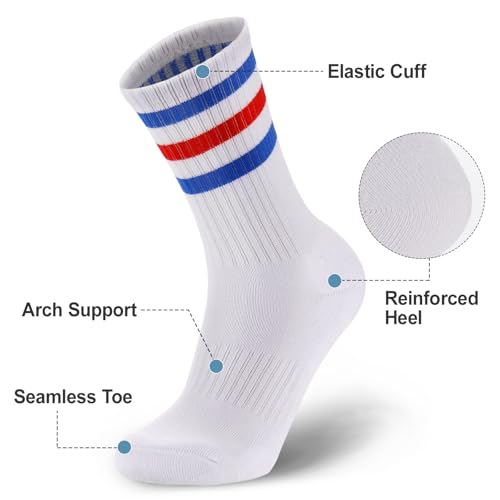 Image of Ultrafun 5 Pairs Striped Crew Socks Cotton Cushioned Athletic Sports Running Socks for Men Women Teens