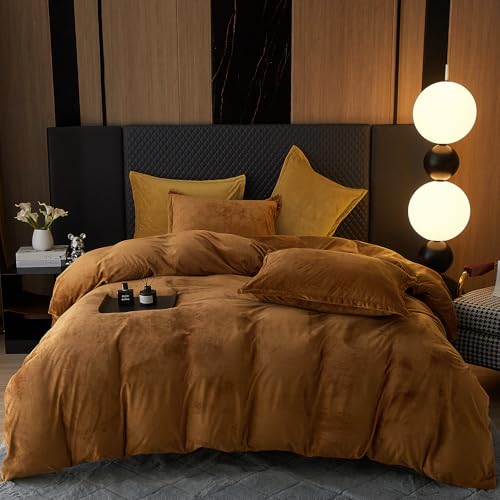 Phf Super Soft Velvet Duvet Cover Queen Size, 3Pcs Luxurious Breathable Velour Fluffy Comforter Cover With 8 Ties, Cozy Flannel Duvet Cover With Pillow Shams, Zipper Closure, 90"X90", Camel thumb #1