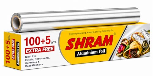 Image of Aluminium Foil 100 Meter + 5 Meter Free | 11 Micron Food Grade Kitchen Foil Roll | Safe Paper Zigzag Cutter | Multipurpose Foil for Home, Hotel & Restaurant Use | Baking, Grilling & Food Wrapping