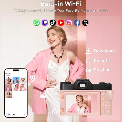 Image of 6K Digital Camera for Photography Autofocus, 64MP WiFi Vlogging Camera for YouTube with 3 inch 180 Flip Screen 16X Zoom, 64GB SD Card & 2 Batteries Pink Compact Travel Camera for Beginners Teens