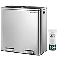 SONGMICS Trash Can, 2 x 8 Gallon (2 x 30 L) Garbage Can for Kitchen, with 15 Trash Bags, 2 Compartments, Plastic Inner Buckets and Hinged Lids, Airtight, Silver and Black ULTB60NL