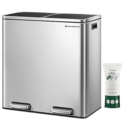 SONGMICS Trash Can, 2 x 8 Gallon (2 x 30 L) Garbage Can for Kitchen, with 15 Trash Bags, 2 Compartments, Plastic Inner Buckets and Hinged Lids, Airtight, Silver and Black ULTB60NL