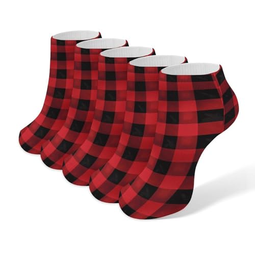 5 Pairs Ankle Socks Soft Breathable No Show Socks Comfortable Cotton Low Cut Casual Socks for Women Men Red Black Buffalo Check Plaid Pattern