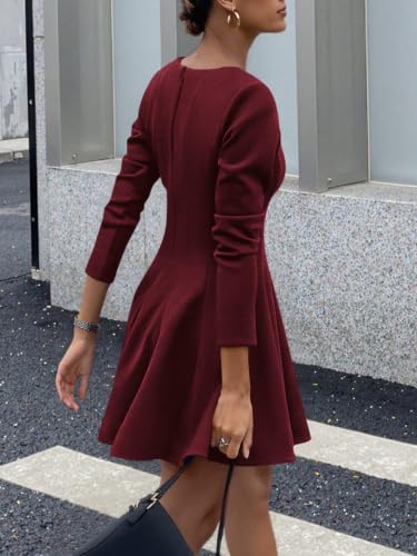 BTFBM Long Sleeve A Line Mini Dresses for Women,Burgundy,Large | High Waist,Pleated Swing,Flowy,Elegant,Party Wedding Guest Dress Business Casual,Fall Winter 2026 — view 4