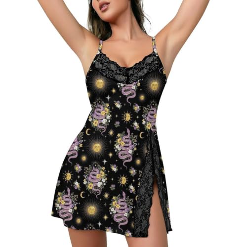 SESLFLKPJK Women Ladies Sun Moon V-Neck Sleepdress