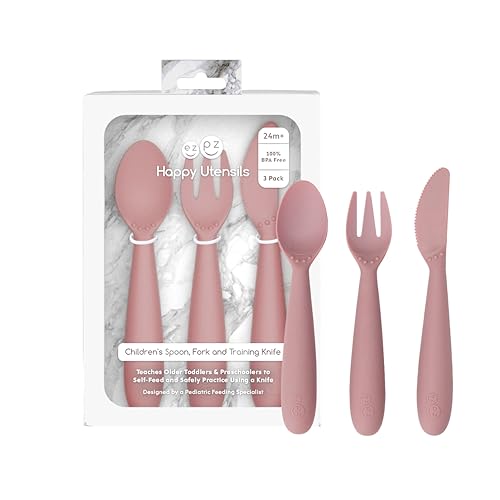 ezpz Happy Utensils (Blush) - 24 Months+ - Fork, Spoon and Knife