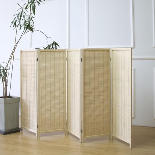 Furnnylane 5 Panel Room Divider Short Folding Screen Divider,Double Sided Bamboo Panel Divider for Room Separation,Beige,47.2' H x 76.75' W