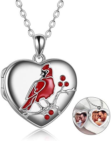 POPLYKE Cardinal Locket Necklace Gifts for Women Sterling Silver When Cardinals Appear Angels are Near Heart Locket Necklace that Holds Pictures Mothers Valentines Day Jewelry for Wife Mom Girls