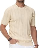 PJ PAUL JONES Mens T Shirt Short Sleeve Crew Neck Hollow Out Knit Tee Summer Classic Stylish Casual Pullover Tops Beige L
