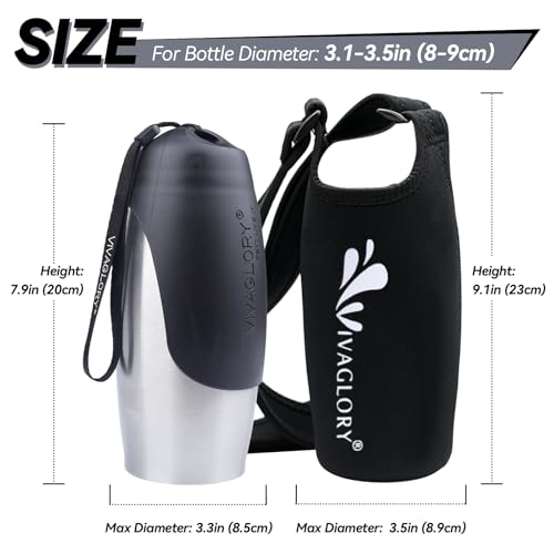 VIVAGLORY hundetrinkflasche & wasserflaschenhalter mit Schultergurt-Kombi, Hunde Trinkflasche & Wasserflaschenhalter für Unterwegs, Trinkflasche Edelstahl mit Wasserflaschenträger, 750ml, Schwarz