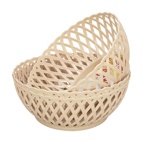 Image of RATAN PLASTICWARE Cane Large Plastic Storage Basket for Fruits, Vegetables & Snacks - Decorative Woven Design for Kitchen, Dining Table & Home Use I Pack of 3 - Beige