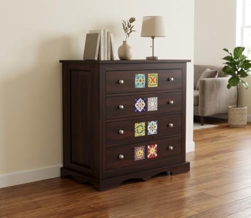 Image of Wooden Chest of Drawers 4 Drawer Storage Cabinet | Wooden Drawer Chest for Bedroom, Living Room & Home | Multi-Purpose Storage Organizer, Clothes Cabinet (James, Walnut Finish)