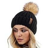 FURTALK Winter Hats for Women Double Layer Fleece Line Beanie Hat with Bobble Pom Pom Hats Black