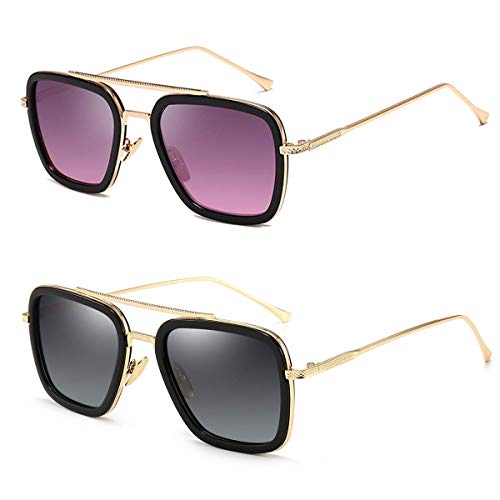 Dollger Tony Stark Sunglasses for Women Men Retro Metal Frame Aviator Oversized Square Sunglasses 70s 80s Large Designer Pilot Shades(2 Pairs-Grey+Pink Tony Stark Sunglassesï¼‰