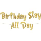Birthday Slay All Day Gold Glitter Banner - Gen Z Slag - Funny Zoomer Birthday Decorations, Favors, Supplies, Ideas and Gifts