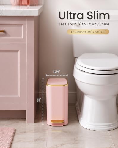 Image of Cesun Small Bathroom Trash Can with Gold Grimmed Lid & Pedal, 1.3Gal, Pink