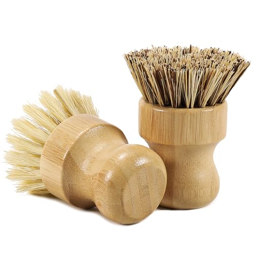DEBETOOL 2-Pack Bamboo Dish Brush – Natural Wooden Dish Pot Brush with Sisal & Palm Bristles for Non-Stick Pans, Pots, Vegetables, and Kitchen Cleaning