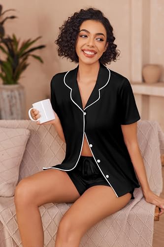 Image of Ekouaer Pajamas for Women Set Button Up Sleepwear 2 Piece Pjs Lounge Set Short Sleeve Nightwear