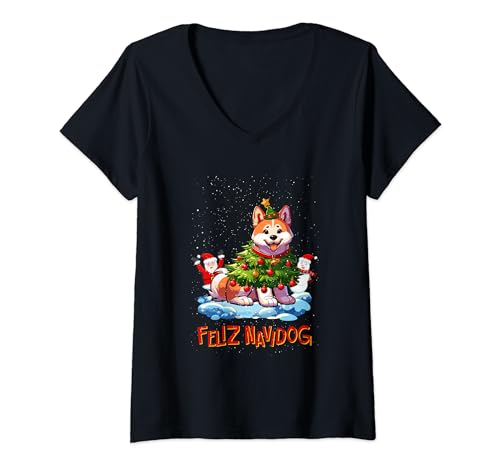 Akita Inu Merry Christmas Tree Lights Dog X-Mas Dogs Camiseta Cuello V
