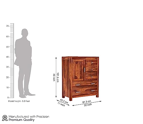 Image of Solid Sheesham Wood Wooden Sideboard Storage Cabinet & Chest of Drawer : Ideal for Living Room and Bedroom with 5 Drawers and 1-Shelf Storage (Avalon, Honey Finish)