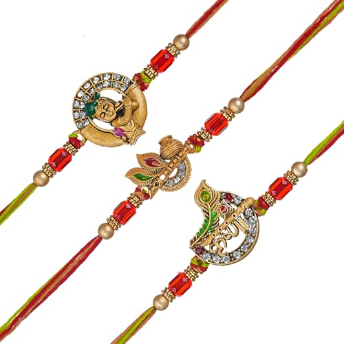 Image of eCraftIndia Little Krishna Dahi Handi Flute Peacock Feather Designer Rakhi Set of 3 | Rakhi for Brother Bhaiya Bhai with Best Bro Ever Fridge Magnet | Roli Chawal Pack