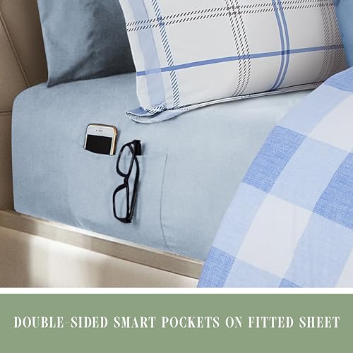 Image of Elegant Comfort 8-Piece Lodge Plaid Reversible Comforter Set - All Season Bed in a Bag, 4-Piece Sheet Set Featuring Smart Pockets, Matching Shams and Decorative Pillow, Full /Queen, Aqua