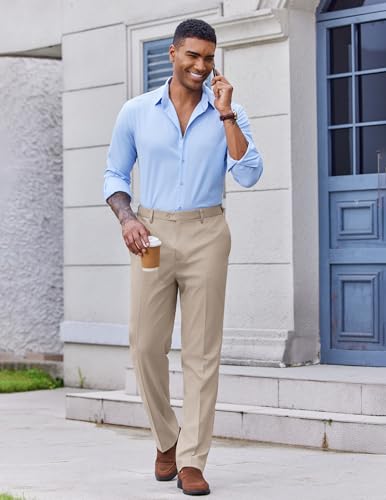 COOFANDY Mens Classic Casual Dress Pants Expandable Waist Suit Pant for Men Flat Front Slacks Light Khaki4