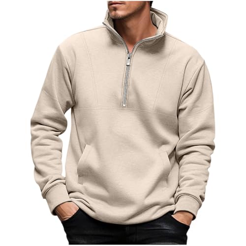 Image of Men's Half Zip Sweatshirt Fleece Pullover Quarter Zip Jumper Funnel Neck Long Sleeve Casual Athletic Sports Top Gym Workout Beige