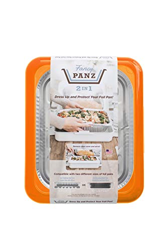 Fancy Panz 2-in-1 Dress Up & Protect Your Foil Pan, Made in USA, Fits 2 size of foil pans. Foil Pan & Serving Spoon Included. Hot or Cold Food. Stackable for easy travel. BPA free (Orange)